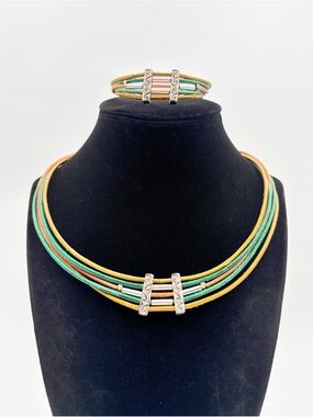 Boho Multistrand Cord Necklace Bracelet Set Earth Tones Silver Accents